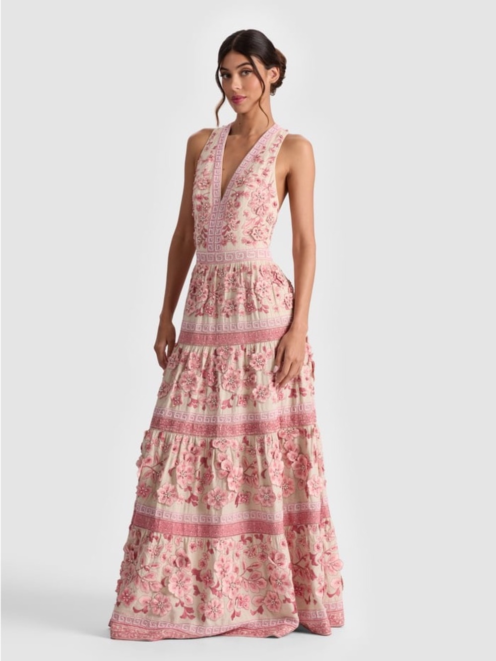 Alice + Olivia Pink Floral Embroidered V-Neck Maxi Dress - Picture 4 of 4